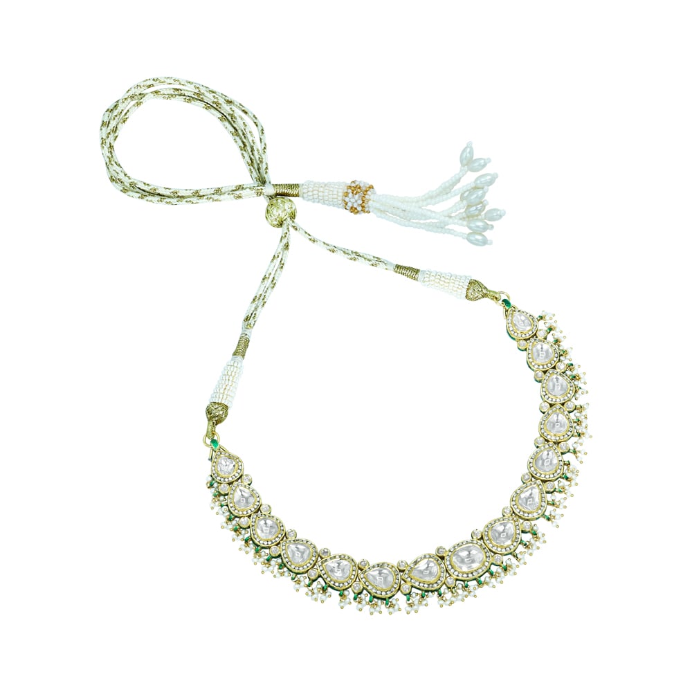 Pear-Shaped Polki Necklace with Gold Detailing and Pearls